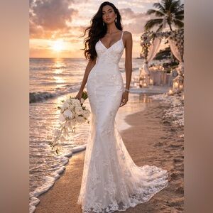 Size 10 Lace Wedding Dress Beach Garden Bridal Gown Boho Chic NWOT